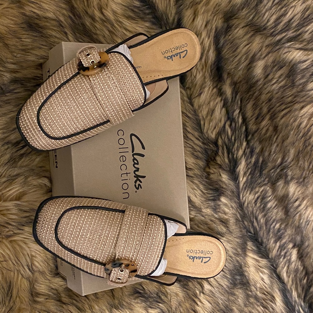 Clarks Tan and Black Slip-On Mules